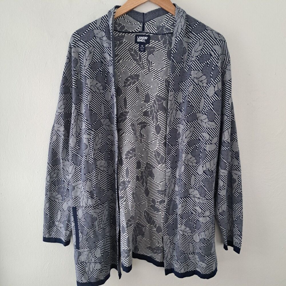 Lands End Jacquard 1X PLUS SIZE Open Cardigan Sweater Navy Blue Lagenlook Cozy